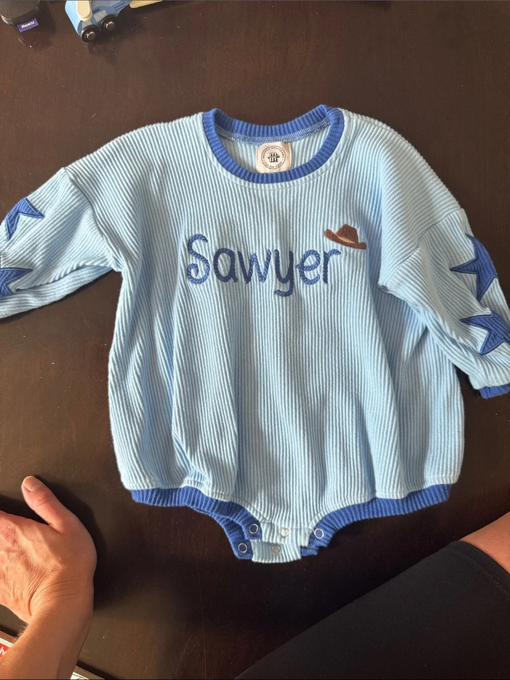 Light Blue Ribbed Baby Bubble Bodysuit with 'Sawyer' Embroidery